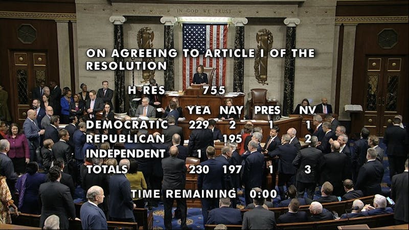 The vote total showing the the passage of the first article of impeachment, abuse of power, against President Donald Trump by the House of Representatives at the Capitol in Washington, Wednesday, Dec. 18, 2019. (House Television via AP)