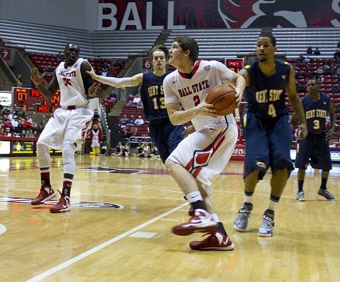 Junior foward Matt Kamieniecki gets read yto make a basket during the game Jan. 12 agaisnt Kent State in Worthen Arena. DN PHOTO EMMA FLYNN
