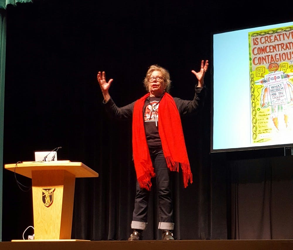 <p>Lynda Barry, a cartoonist and author, visited John R. Emens Auditorium Nov. 10 to teach students how to think like children. Barry spoke about her creative process and the power of images. <em>Sara Barker // DN</em></p>