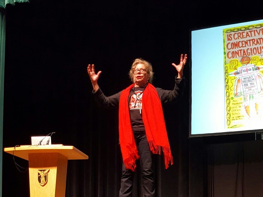 Lynda Barry, a cartoonist and author, visited John R. Emens Auditorium Nov. 10 to teach students how to think like children. Barry spoke about her creative process and the power of images. Sara Barker // DN