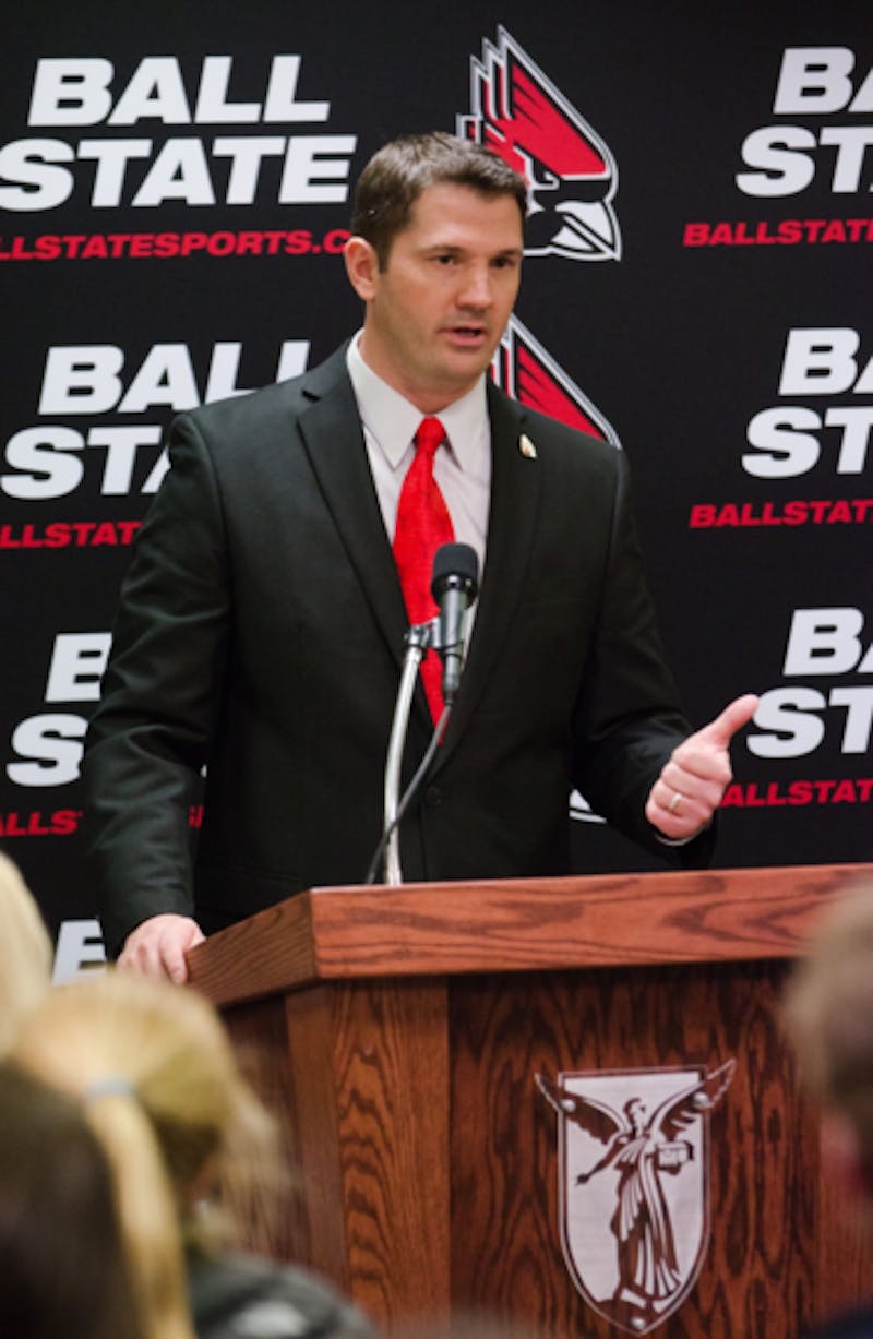 Ball State head coach Mike Neu speaks at his introductory press conference on Jan. 8. Neu's first recruiting class brought in 22 new players. Breanna Daugherty // DN File