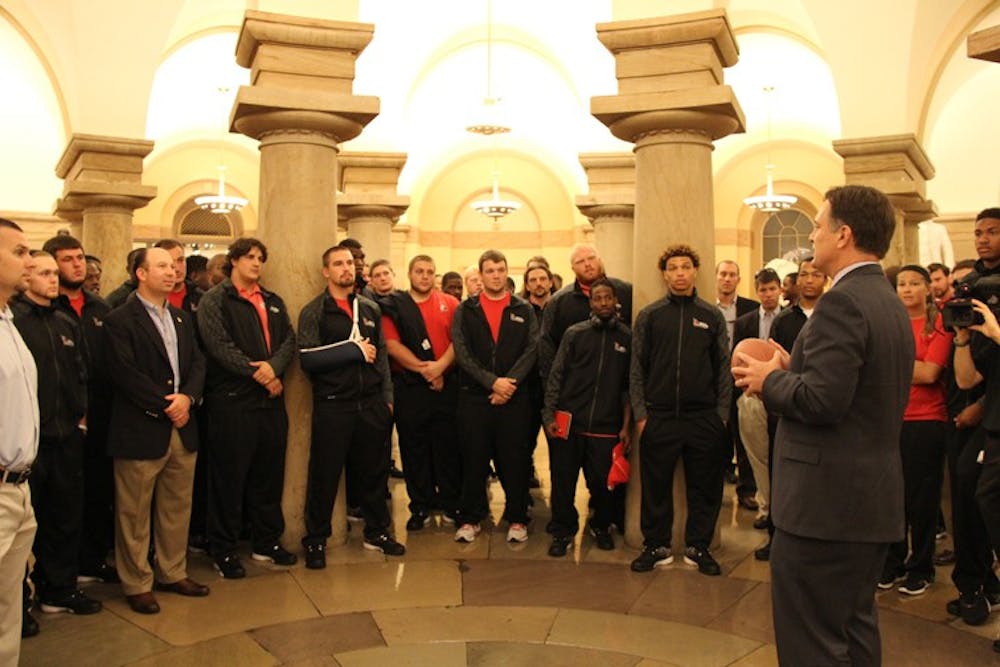 Rep. Luke Messer (R-Ind.) meets with Ball State's football team at the nation's capitol. Ball State is playing the University of Virginia on Saturday. PHOTO PROVIDED BY THE OFFICE OF CONGRESSMAN LUKE MESSER