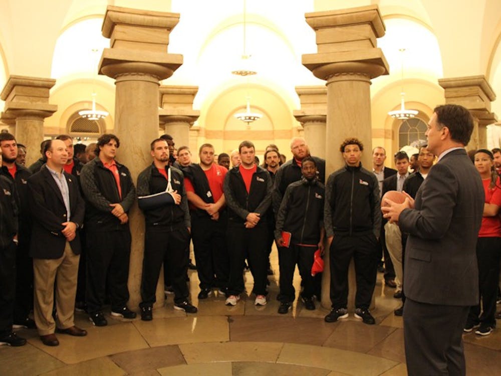 Rep. Luke Messer (R-Ind.) meets with Ball State's football team at the nation's capitol. Ball State is playing the University of Virginia on Saturday. PHOTO PROVIDED BY THE OFFICE OF CONGRESSMAN LUKE MESSER