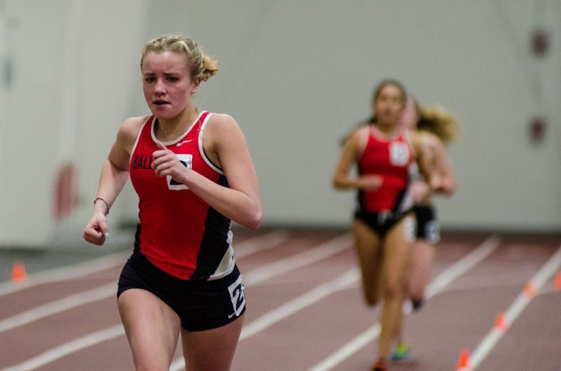 Ball State freshman Cayla Eckenroth competes in the 3000 meter run on Feb. 16 in the Ball State Tune-up at the Field Sports building. Madeline Grosh, DN
