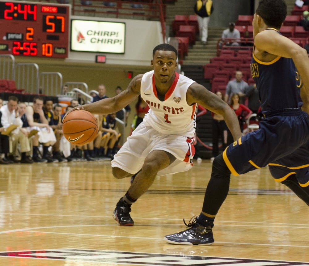Freshman guard Zavier Turner goes up for shot against Marian University on Monday at Worthen Arena. Turner put 18 points on the board with a 62-59 win. DN PHOTO BREANNA DAUGHERTY 