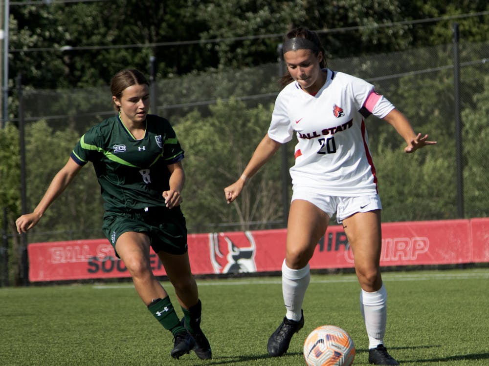 Third-year defender Maya Millis dribbles the ball in a game against Mercyhurst Aug. 17 at Briner Sports Complex. Millis had one assist during the game. Mya Cataline, DN