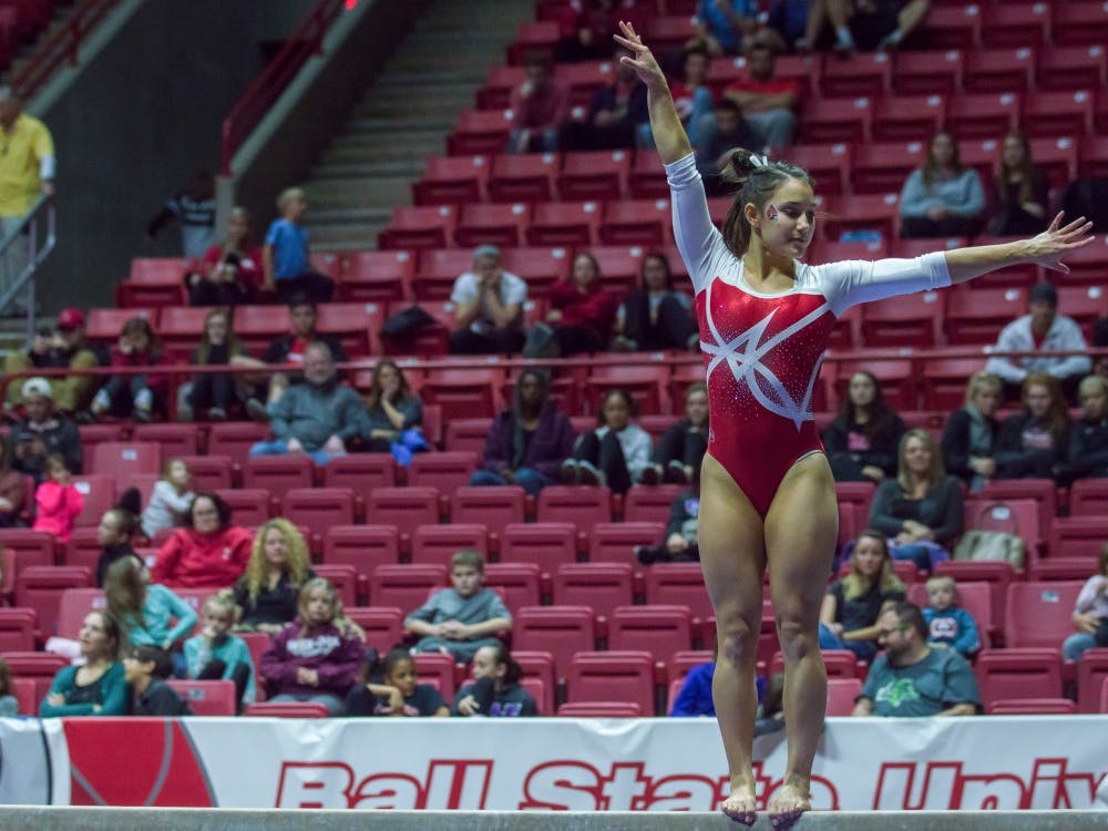 The Ball State gymnastics team held a Red vs. White with special judges on Dec. 4 in John E. Worthen Arena. Their next home meet will be Jan. 28 against Kent State University. Terence K. Lightning Jr., DN.
