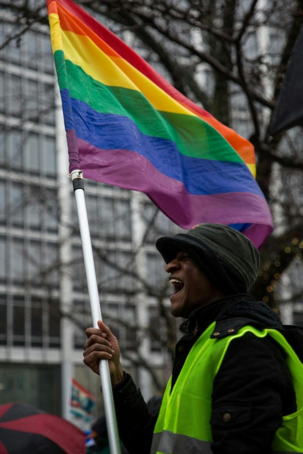 <p>&nbsp;Andrew Brown stands at Monument Circle in Indianapolis Jan. 19, where participants in Indiana’s Women’s March gathered before heading to the American Legion Mall for the rally. Student Government Association passed a resolution that would create a LGBTQ liaison position for students. <strong>Eric Pritchett, DN</strong>&nbsp;</p>