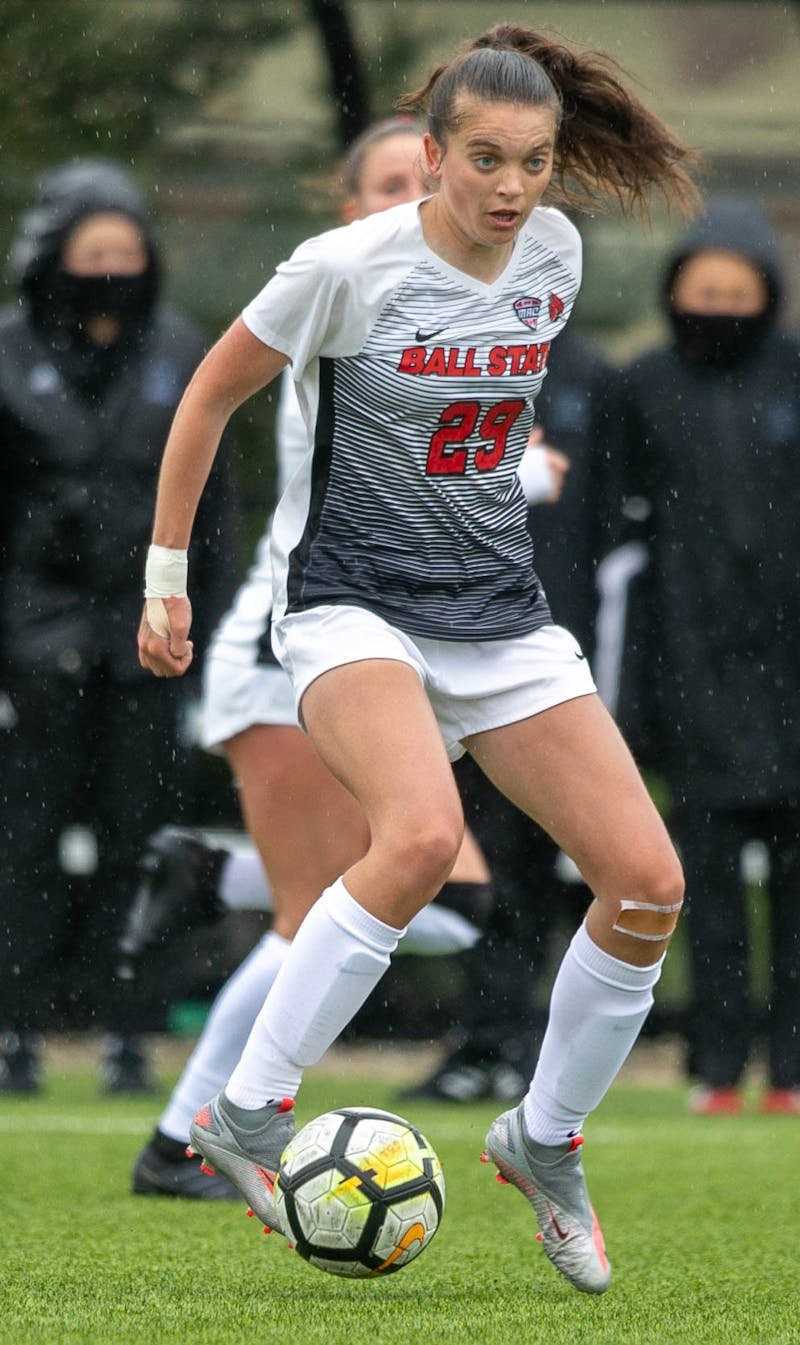 Redshirt junior midfielder Nicky Potts kicks the ball April 11, 2021, at Briner Sports Complex. The Cardinals beat the Eagles 2-1 to become the Mid-American Conference West Division champions. Jaden Whiteman, DN