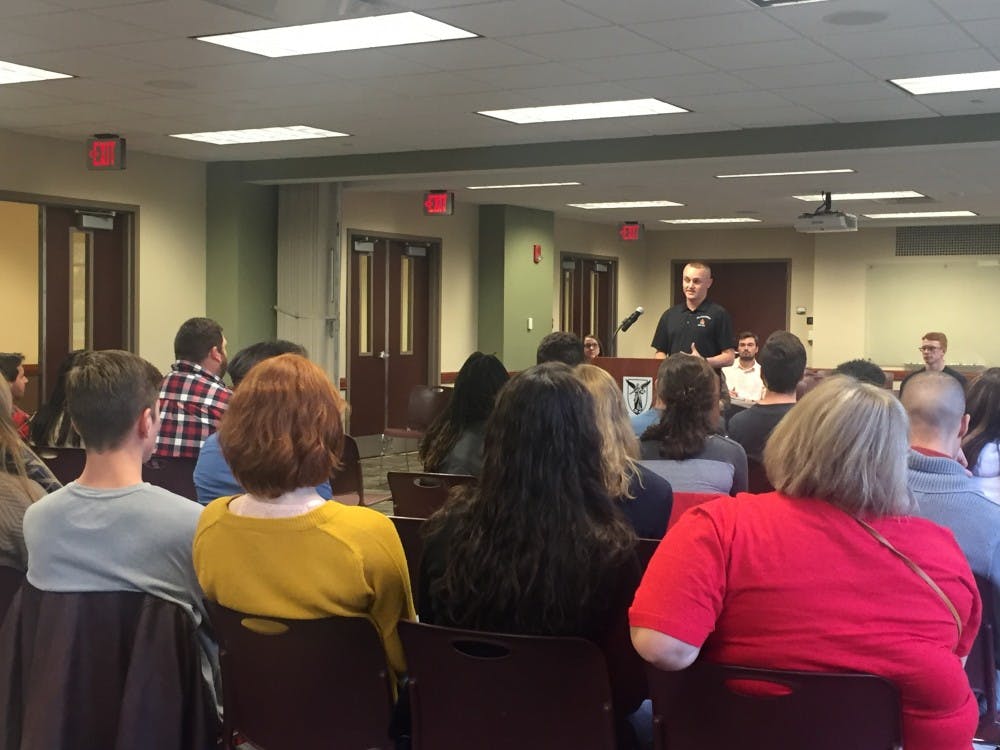 The Student Government Association held its second town hall on Oct. 26 to discuss various topics, including the Koch brothers and teacher unions. The meeting allowed students to bring up their concerns to SGA and suggest legislation. Max Lewis // DN