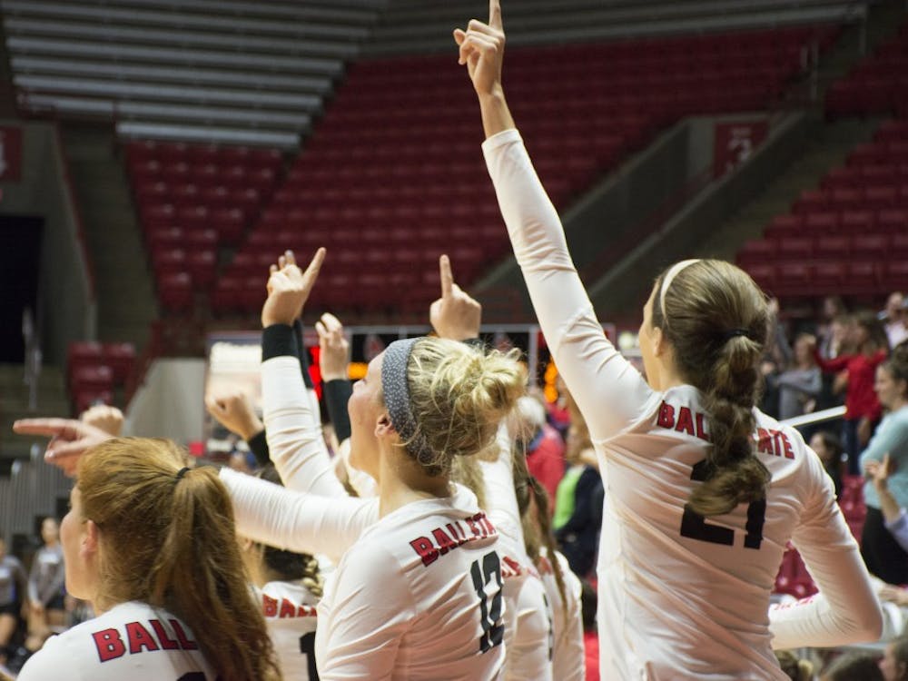 Ball State women'ss volleyball bench celebrates after scoring a set point on Sept. 2 at Worthen Arena. Ball Sttaae went on to win the game and improve to 5-1 on the season.