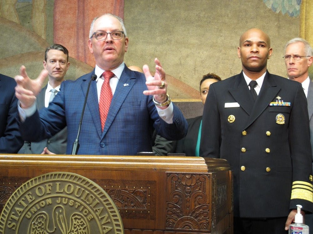 <p>Louisiana Gov. John Bel Edwards speaks about the new coronavirus while U.S. Surgeon General Jerome Adams, right, listens on Thursday, March 12, 2020, in Baton Rouge, La. The number of cases of the COVID-19 disease caused by the virus are on the rise in Louisiana. <strong>(AP Photo/Melinda Deslatte)</strong></p>