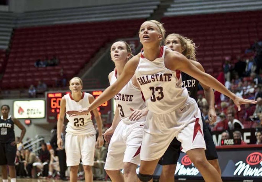 Junior forward Katie Murphy jumps from the line after a Butler free throw attempt. DN PHOTO JONATHAN MIKSANEK