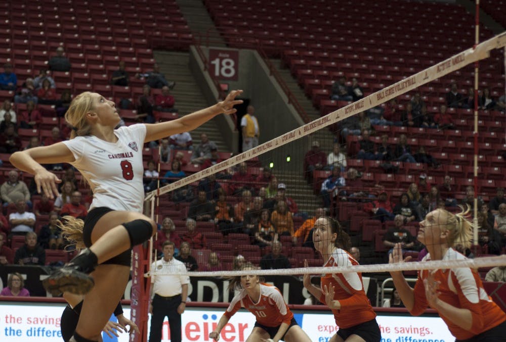 Senior middle hitter Mindy Marx prepares to hit the ball against Bowling Green State University on Oct. 25 at Worthen Arena. Marx had six kills in the match. DN PHOTO MATT McKINNEY