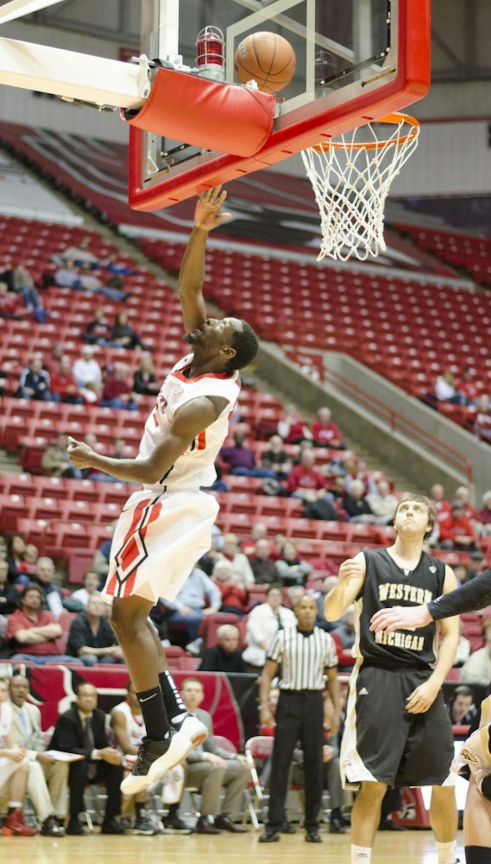 Senior forward Chris Bond attempts to get a basket in the game against Western Michigan on Feb. 26 at Worthen Arena. Bond scored 14 points. DN PHOTO BREANNA DAUGHERTY 