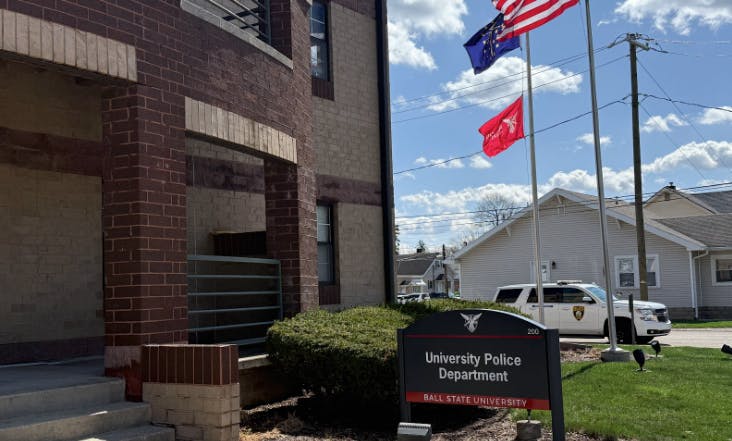 Tucked on the south end of campus, Ball State University Police vehicles sit outside the station.