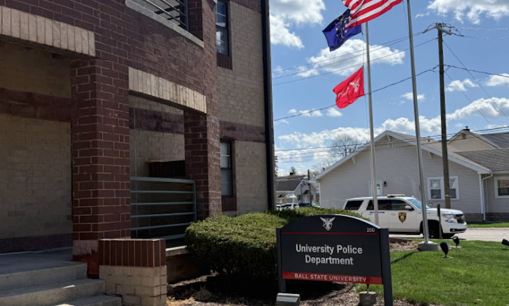 Tucked on the south end of campus, Ball State University Police vehicles sit outside the station.