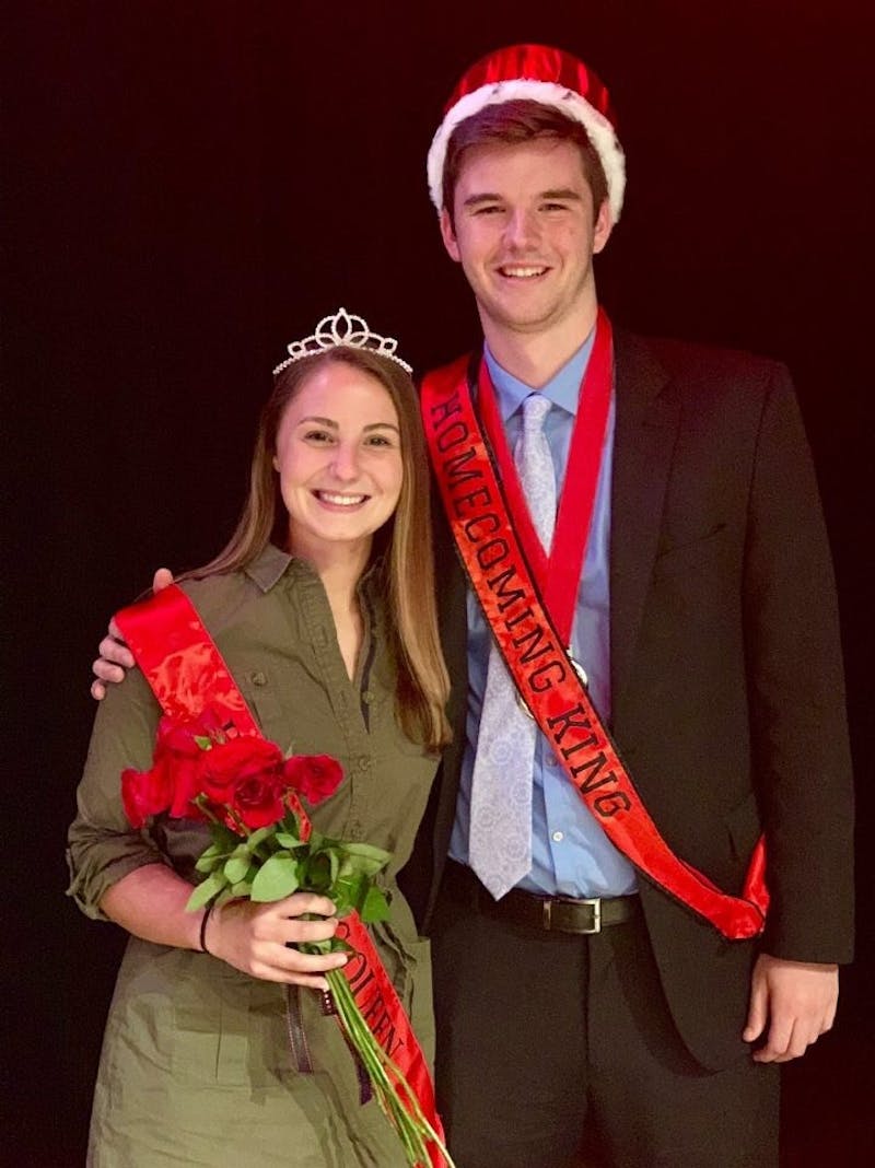 Dylan Barrow and Hanna Crane pose together after receiving their crowns at Talent Search Tuesday, Oct. 16, 2018. They will attend all Homecoming activities along with the other eight members of the court. Kelly Asiala, Photo Provided.