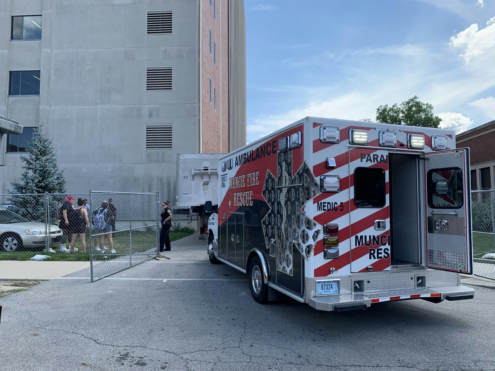 A Muncie Fire Department ambulance parks outside Teachers College after construction accident. Angelica Gonzalez Morales, DN.