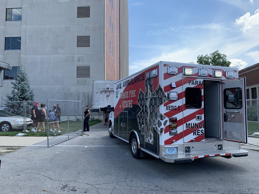A Muncie Fire Department ambulance parks outside Teachers College after construction accident. Angelica Gonzalez Morales, DN.