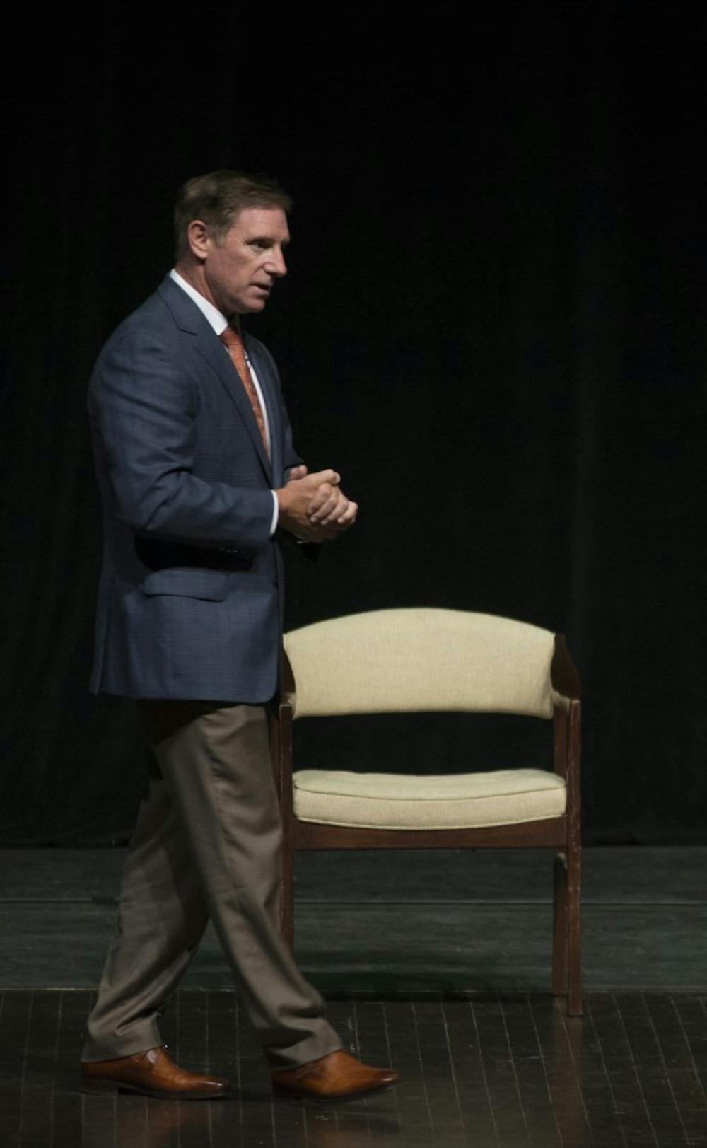 <p>Kevin Briggs speaks to the audience on Sept. 14 at John R. Emens Auditorium. Briggs spoke about the experiences he had while patrolling the Golden Gate Bridge during his time as an officer and a sergeant. <em>DN PHOTO SAMANTHA BRAMMER</em></p>