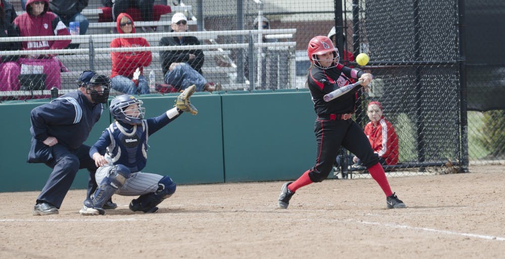 Sophomore Selena Reyna hits the ball in the game against Toledo on April 6 at the Ball State Softball Complex. DN PHOTO BREANNA DAUGHERTY