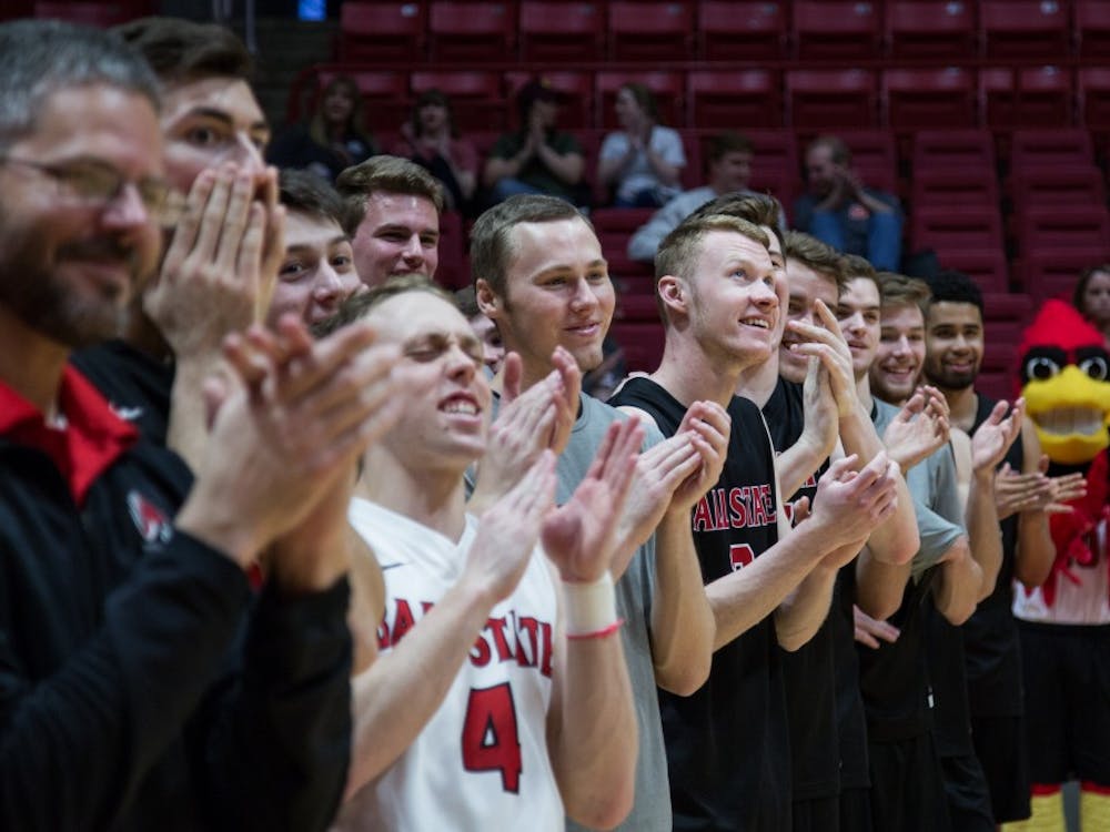 Ball State men's volleyball team cheers for their seniors on senior night before the Cardinals' game against Ohio State in April 7, 2019, in John E. Worthen . Eric Pritchett, DN