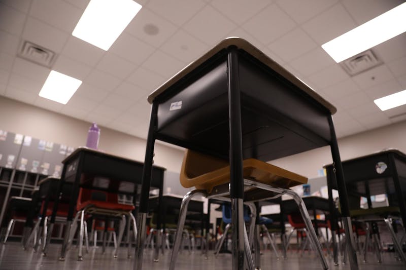 A desk sits empty at the end of the school day Feb. 27 at East Washington Academy in Muncie, Indiana. This classroom belongs to a first-grade class in the Muncie Community Schools. Mya Cataline, DN
