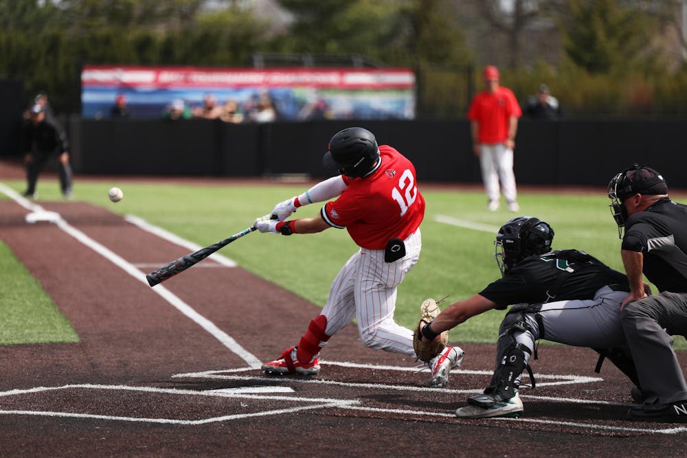 <p>Senior outfielder Nick Gregory hits the ball against Ohio March 30 at First Merchants Ballpark Complex. Gregory had three runs in the game. Mya Cataline, DN</p>