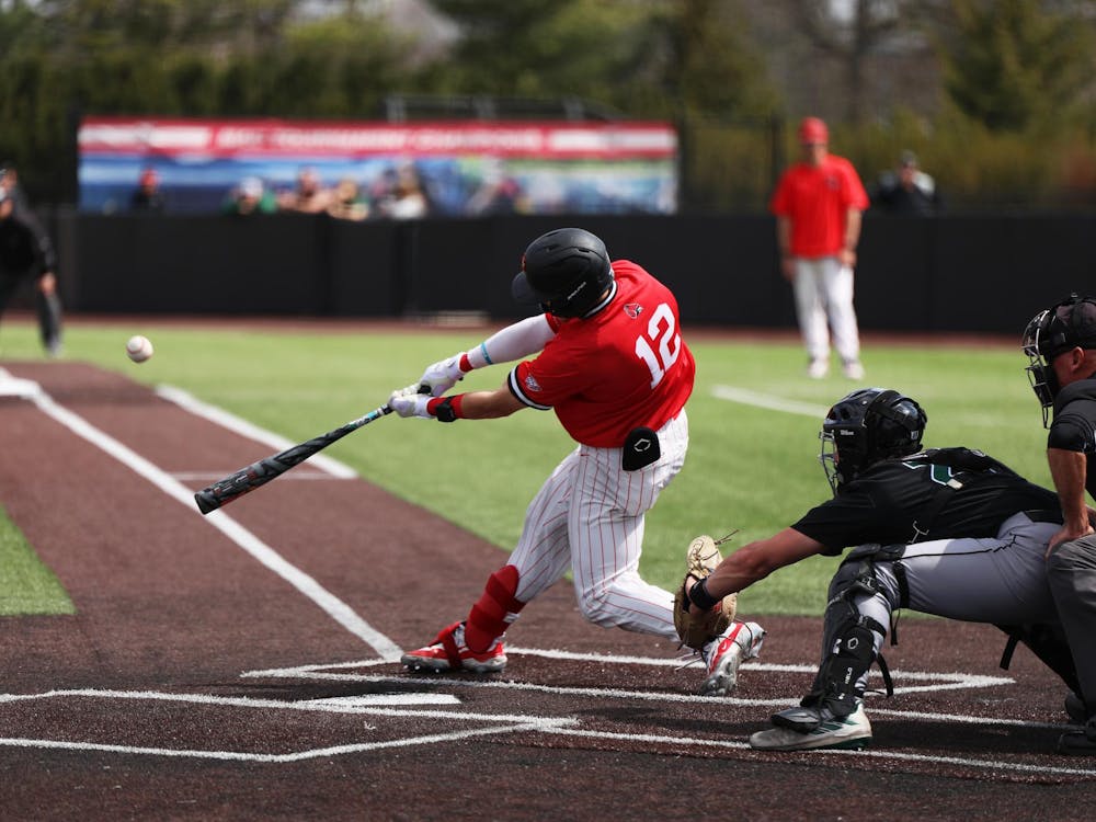 Senior outfielder Nick Gregory hits the ball against Ohio March 30 at First Merchants Ballpark Complex. Gregory had three runs in the game. Mya Cataline, DN