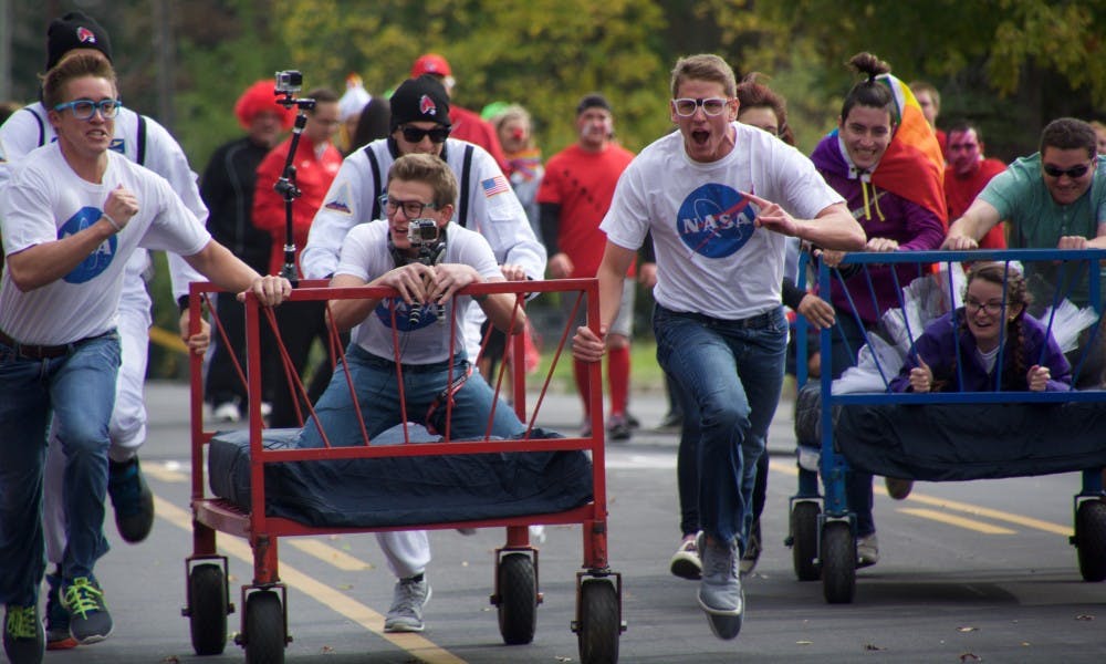 <p>Homecoming Week's annual Bed Race down Riverside Avenue will start at 12 p.m. on Oct. 21. Bed Races have been a tradition since the 1980. <em>Samantha Brammer // DN File</em></p>