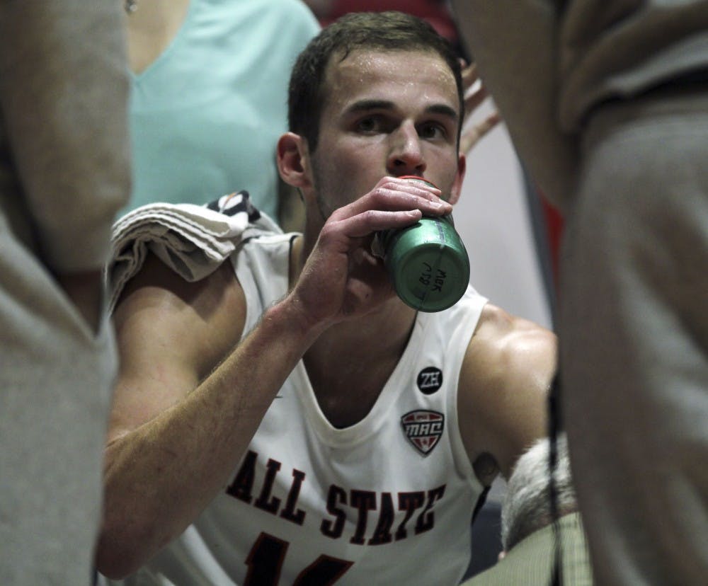 <p>Ball State junior forward Kyle Mallers gets a drink during a timeout in the Cardinals' exhibition game against the University of Indianapolis Nov. 2, 2018, in John E. Worthen Arena. Mallers was the team's leading scorer with 25 points.<strong> Paige Grider, DN</strong></p>