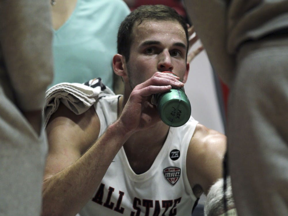 Ball State junior forward Kyle Mallers gets a drink during a timeout in the Cardinals' exhibition game against the University of Indianapolis Nov. 2, 2018, in John E. Worthen Arena. Mallers was the team's leading scorer with 25 points. Paige Grider, DN