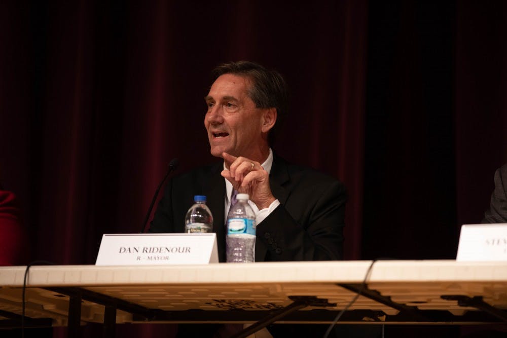 <p>Muncie Mayoral Candidate Dan Ridenour (R) answers audience questions about his plan to become mayor, Sept. 26, 2019, at the Muncie Central Auditorium. Ridenour removed Jerry Wise from the Board of Public Works and Safety after a comment made during a board meeting. <strong>Jacob Musselman, DN</strong></p>
