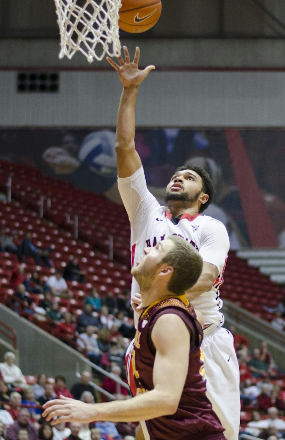 Sophomore forward Franko House goes up for a shot during the game against Central Michigan on Jan. 10 at Worthen Arena. DN PHOTO BREANNA DAUGHERTY