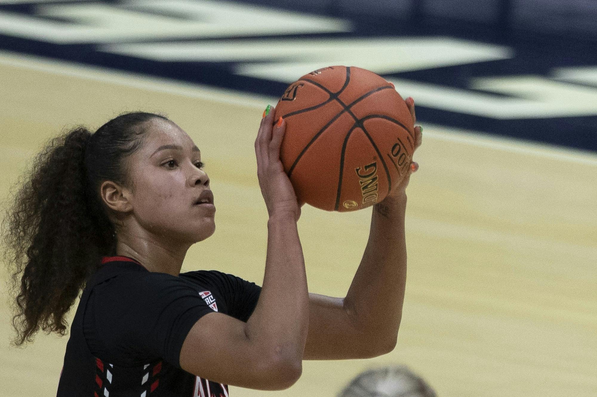Cardinals senior forward Oshlynn Brown shoots a free throw during the second half of the Quarterfinal game of the Mid American Conference Tournament against Ohio University March 10, 2021, at Rocket Mortgage Fieldhouse in Cleveland, Ohio. The Cardinals fell to the Bobcats 61-59. Jacob Musselman, DN