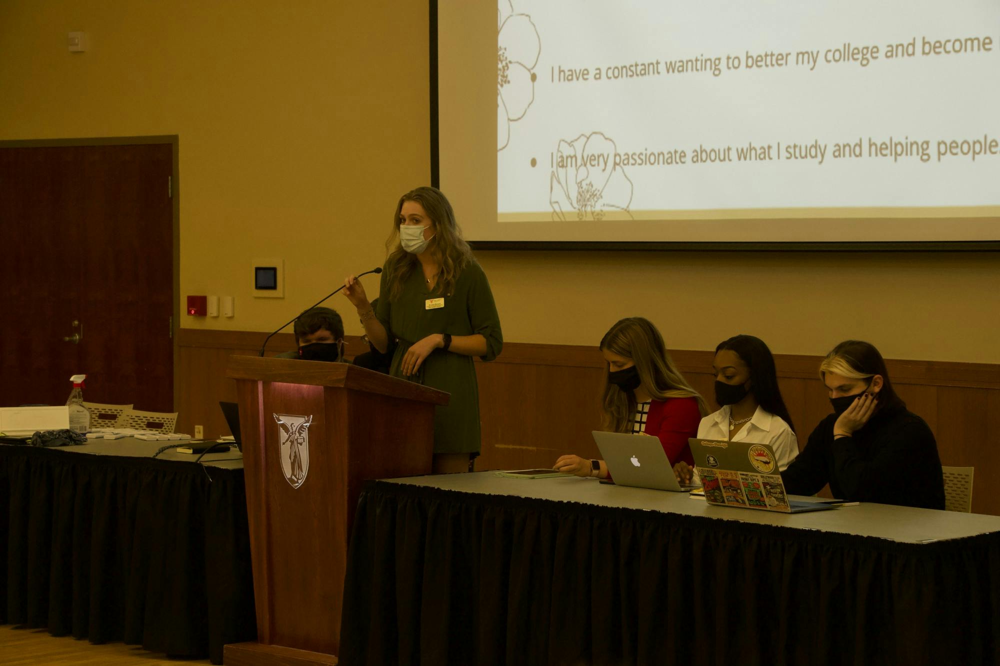 Brenna Hackett, newly-elected collegiate representative for the College of Science and Humanities, speaks to Ball State&#x27;s Student Government Association (SGA) Sept. 1. Hackett was one of 11 new senators voted into SGA at the senate meeting. John Lynch, DN