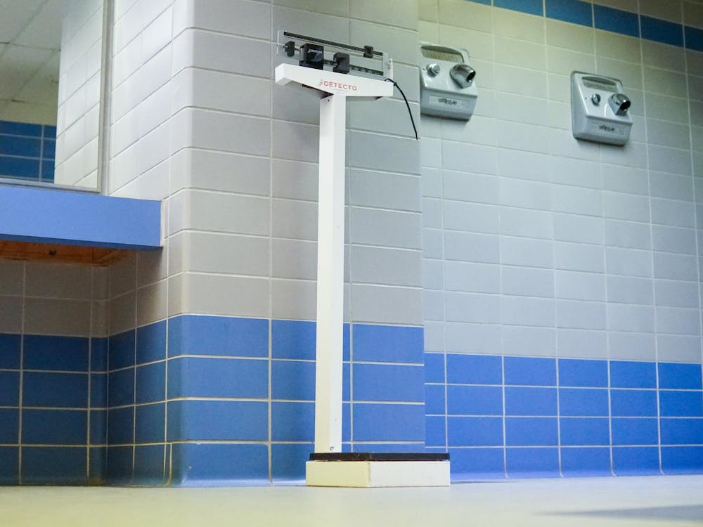 scale located in the Jo Ann Gora Student Recreation and Wellness Center on Ball State University’s campus in Muncie, Indiana. According to a study published in the “Journal of Community Medicine and Public Health Care,” 50% of the 232 freshman and sophomore students surveyed at East Carolina University believed the Freshman 15 affected their time as college students “a great deal” and “a lot.” Daniel Kehn, photo provided