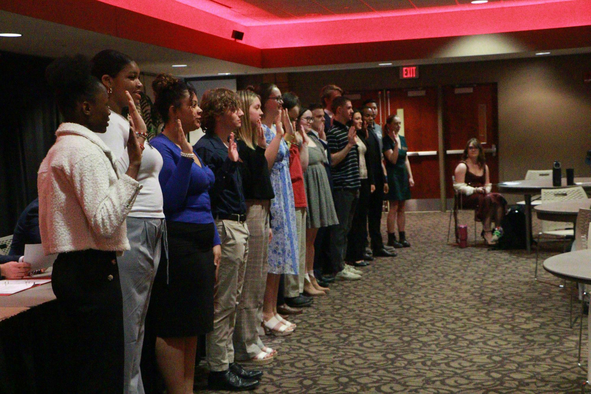 Ball State University's Student Government Association incoming senators take the oath for the 2025-2026 academic year during the April 16 senate meeting inside the university's L.A. Pittenger Student Center Cardinal Hall A. The April 16 meeting was the last of the 2024-2025 academic year.