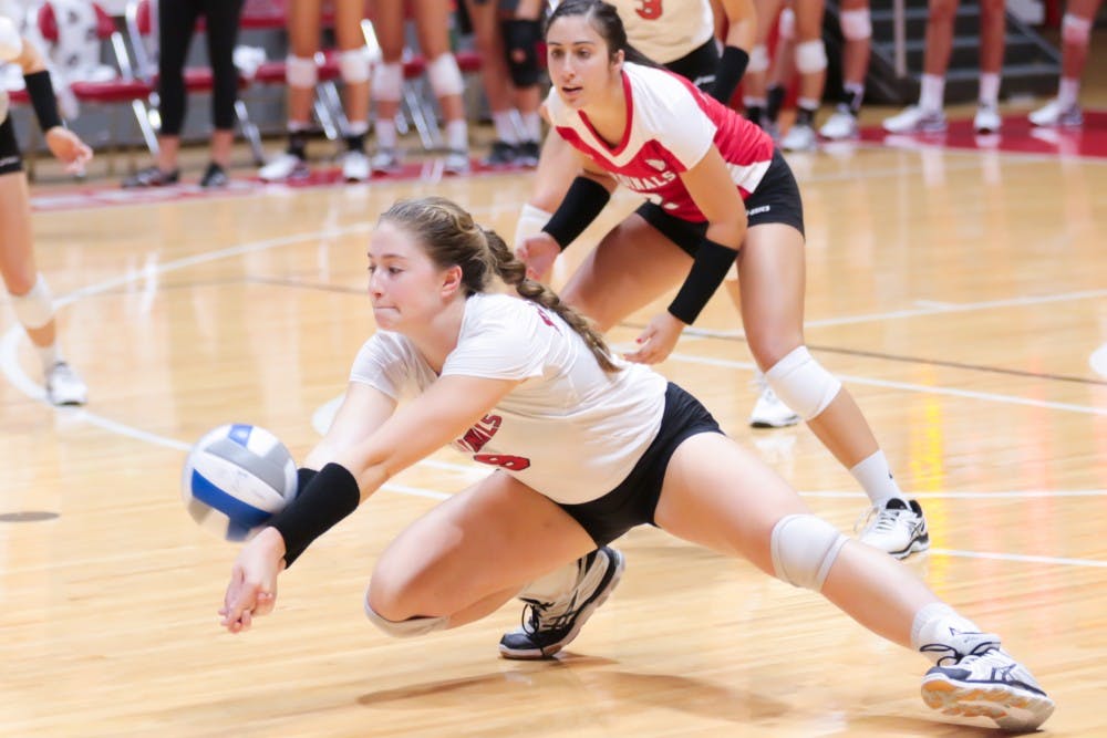 Junior outside hitter Sabrina Mangapora goes for a low hit at the game against Ohio State on Sept. 17 at John E. Worthen Arena. Ball State lost 0-3. Kyle Crawford // DN
