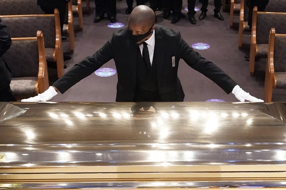 The casket of George Floyd is placed in the chapel during a funeral service for Floyd at the Fountain of Praise church, June 9, 2020, in Houston. (AP Photo/David J. Phillip, Pool)