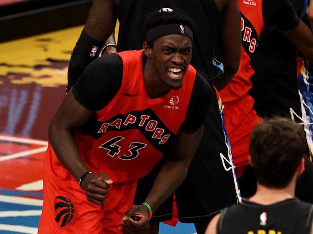 Pascal Siakam celebrates his basket Feb. 5, 2021 against the Brooklyn Nets at Barclays Center in New York City. Elsa/Getty Images