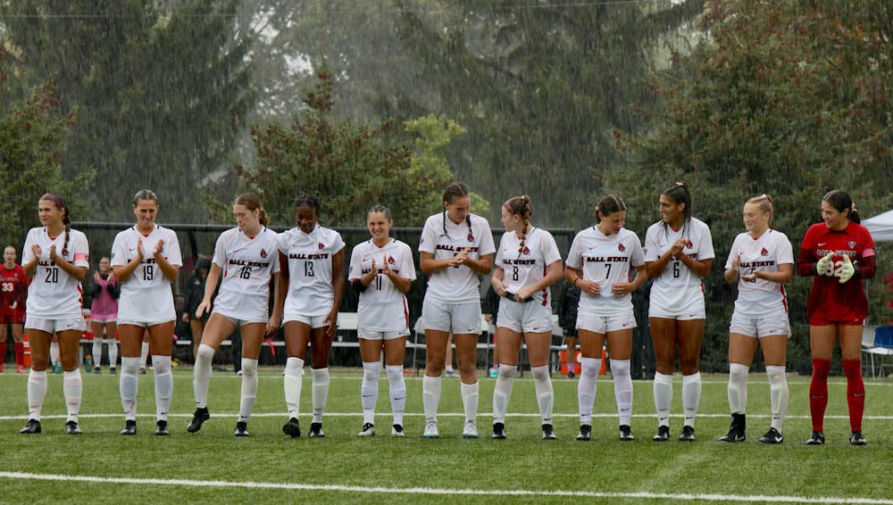 Ball State Soccer Starting line up takes the field in the pouring rain in a game against Kent State Oct. 5 at Briner Sports Complex. The Cardnials came away with a 3-1 win against the Eagles.Andrew Berger, DN