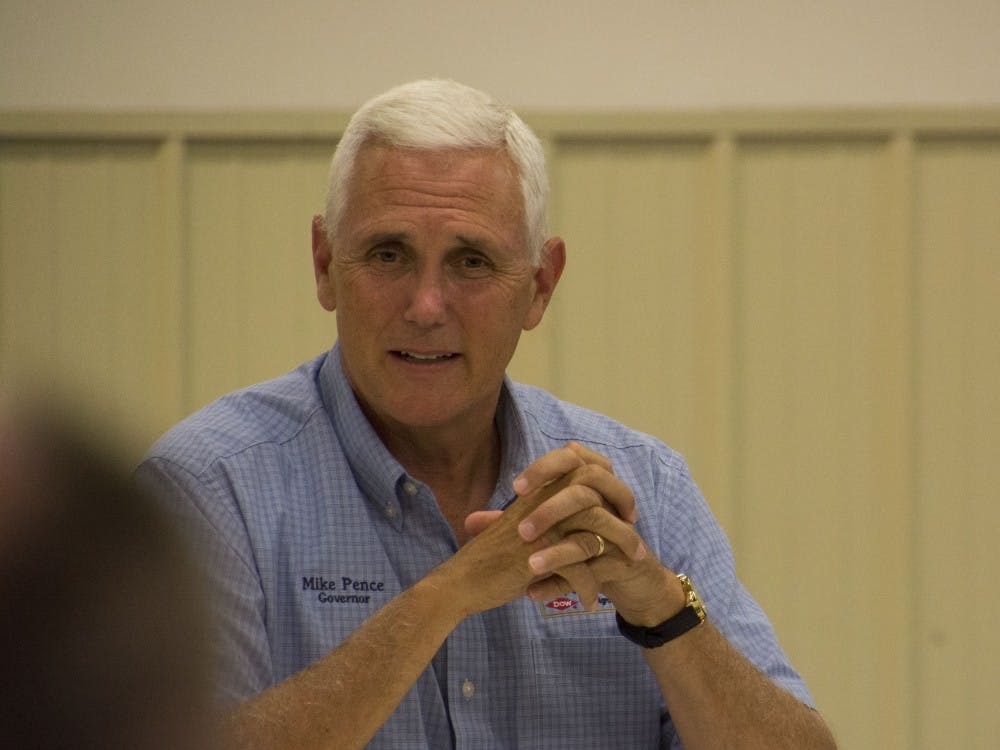 Indiana Governor Mike Pence visited the Delaware County Fairgrounds on July 13 to host an agricultural roundtable discussion with community leaders. With Pence in contention to become presidential candidate Donald Trump's running mate, reporters nearly outnumbered attendees in the Heartland Hall Meeting Room. DN PHOTO SAMANTHA BRAMMER