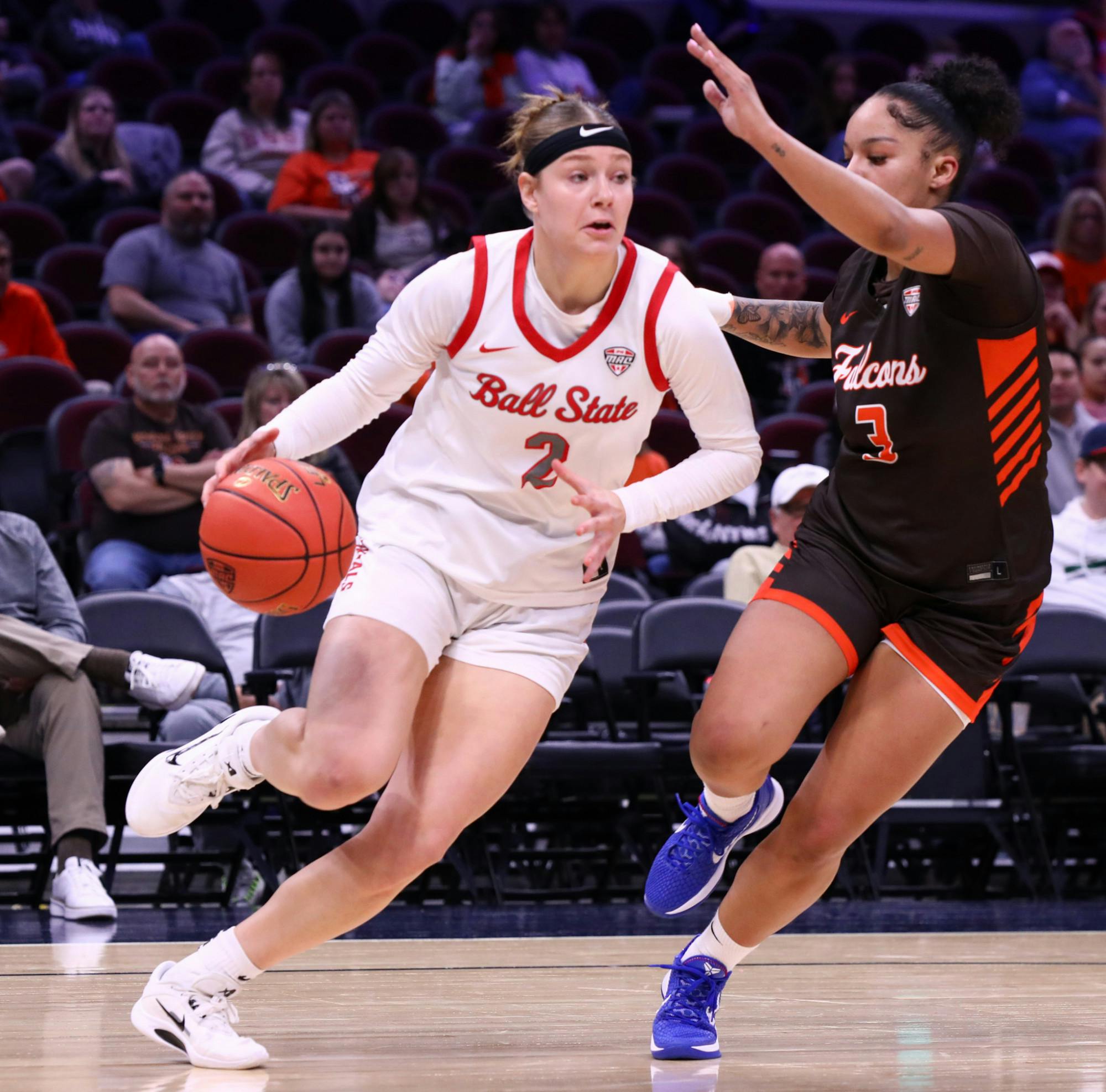 Ball State freshman Zhen Verburgt drives the ball to the paint March 11 at Rocket Arena. Verburgt has a season high of 9 rebounds in a game. Adam Jones, DN