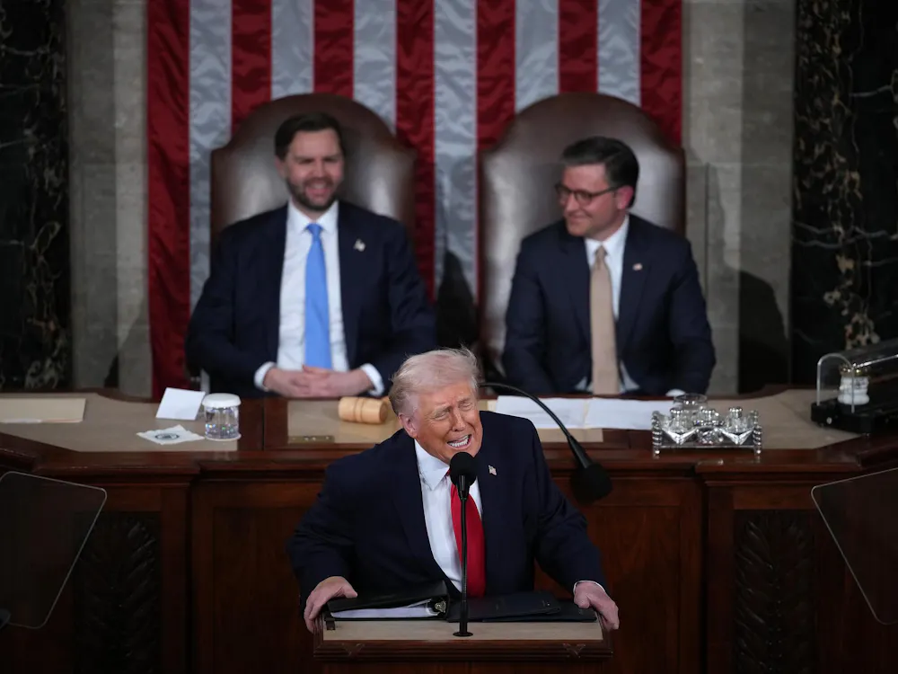 WASHINGTON, DC - FEBRUARY 24: U.S. President Donald Trump, with Vice President JD Vance and Speaker of the House Mike Johnson (R-LA) looking on, delivers his State of the Union address during a Joint Session of Congress at the U.S. Capitol on February 24, 2026, in Washington, DC. Trump delivered his address days after the Supreme Court struck down the administration's tariff strategy and amid a U.S. military buildup in the Persian Gulf threatening Iran. (Photo by Andrew Harnik/Getty Images)