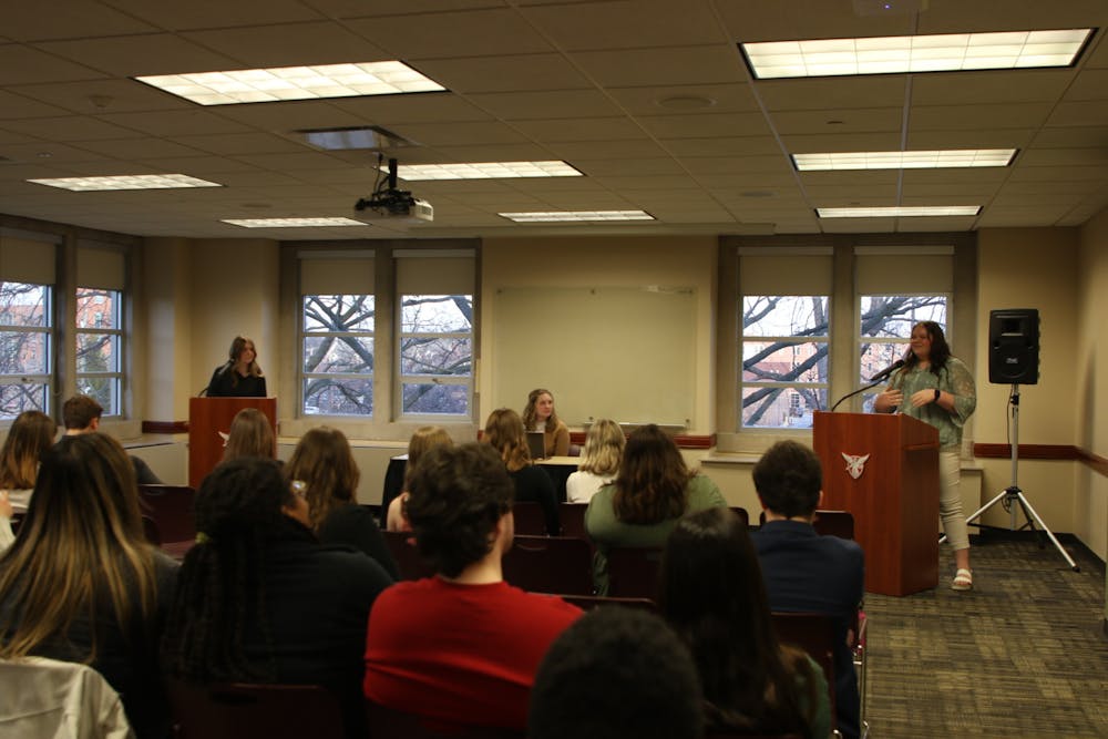 <p>Ball State University Student Government Association (SGA) Vice Presidential candidates discuss their platform points. The two nominees are Monet Lindstrand for &quot;Gassensmith &amp; Lindstrand&quot; and Taylor Perry for &quot;Empower.&quot; Abigail Denault, DN</p>