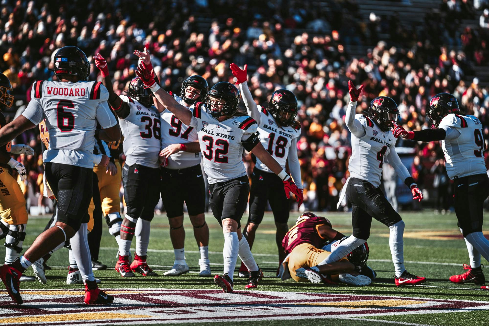Third-year linebacker Clayton Coll celebrates ﻿making a play against Central Michigan Oct. 8. Ball State defeated the Chippewas 17-16 to imrpove to 2-1 in  Mid-American Conference (MAC) play. Ball State Athletics, photo provided.