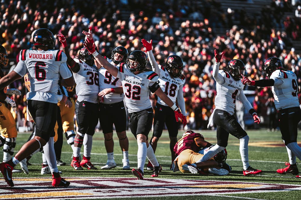 <p>Third-year linebacker Clayton Coll celebrates ﻿making a play against Central Michigan Oct. 8. Ball State defeated the Chippewas 17-16 to imrpove to 2-1 in  Mid-American Conference (MAC) play. Ball State Athletics, photo provided.</p>