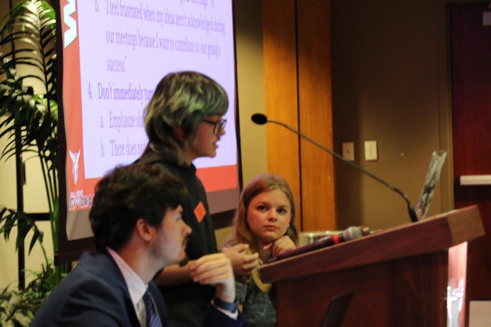 MOSAIC Peer Advocate Leader Izzy Thompson gives presentation to Ball State University Student Government Association (SGA) Senate inside the university's L.A. Pittenger Student Center Nov. 6. MOSAIC is a social justice peer education program on campus. 